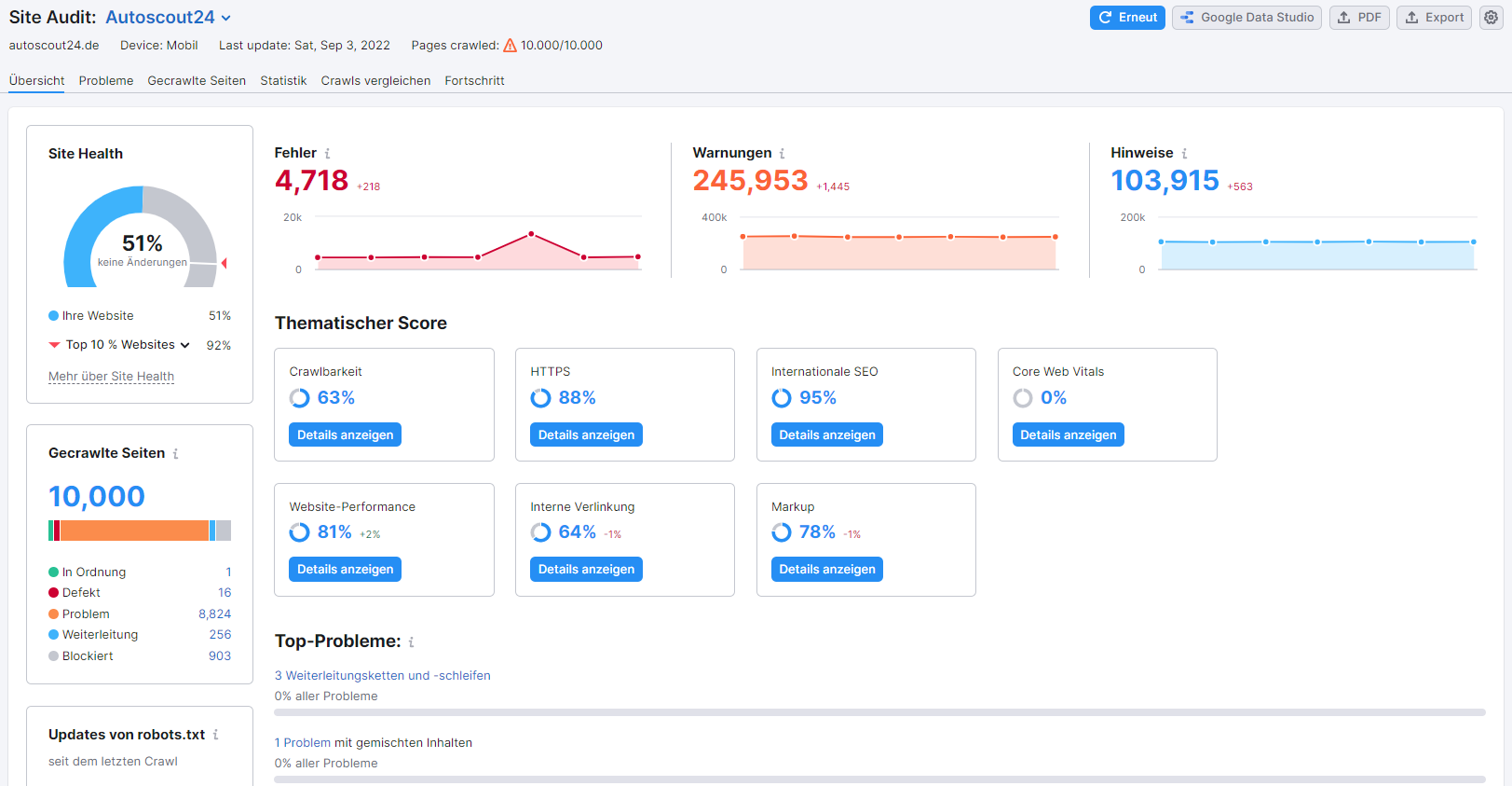 Screenshot: Dashboard des Site Audit