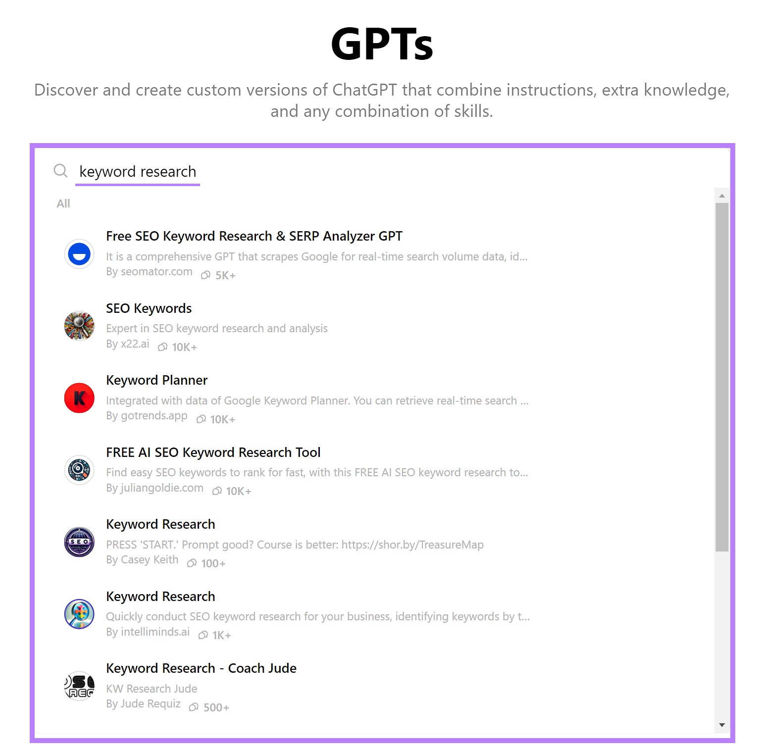 "Explore GPTs" tab of the ChatGPT tool, with "Keyword research" in the search field