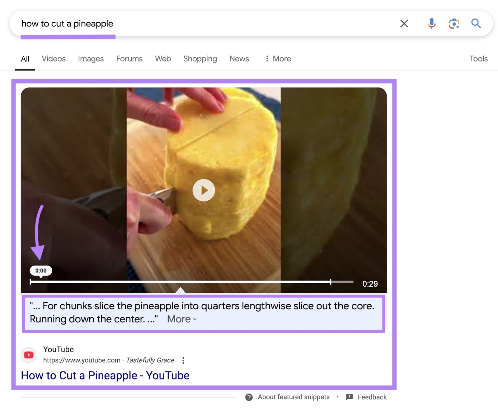 What They Are & How to Earn Them 9 Google SERP for the term "how to cut a pineapple" triggering a video snippet.