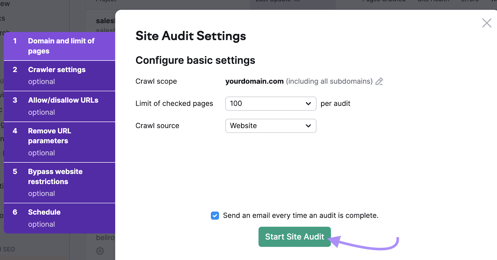 Site Audit configuration page