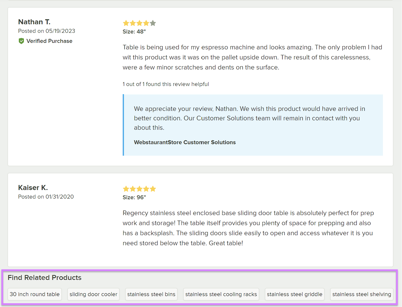 Customer reviews and recommendations for related products featured connected  WebstaurantStore's site