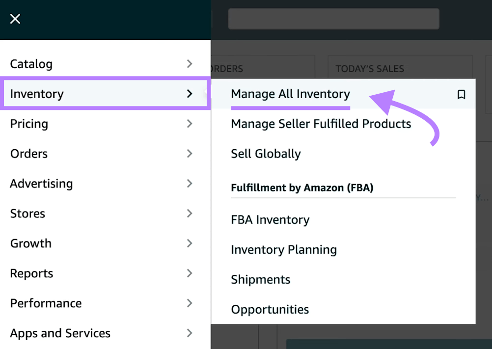 "Manage All Inventory" selected from Amazon Seller Central menu