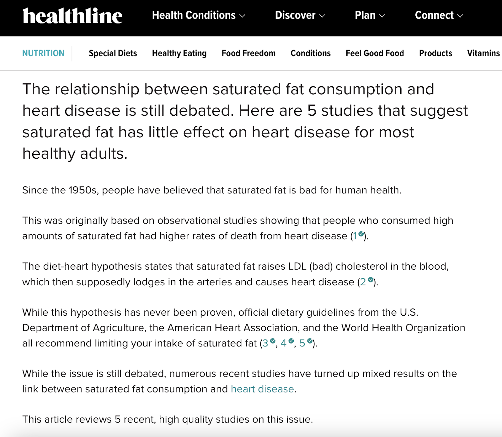 Healthline's article introduction gives a brief discussion about saturated fat and its impact on heart health