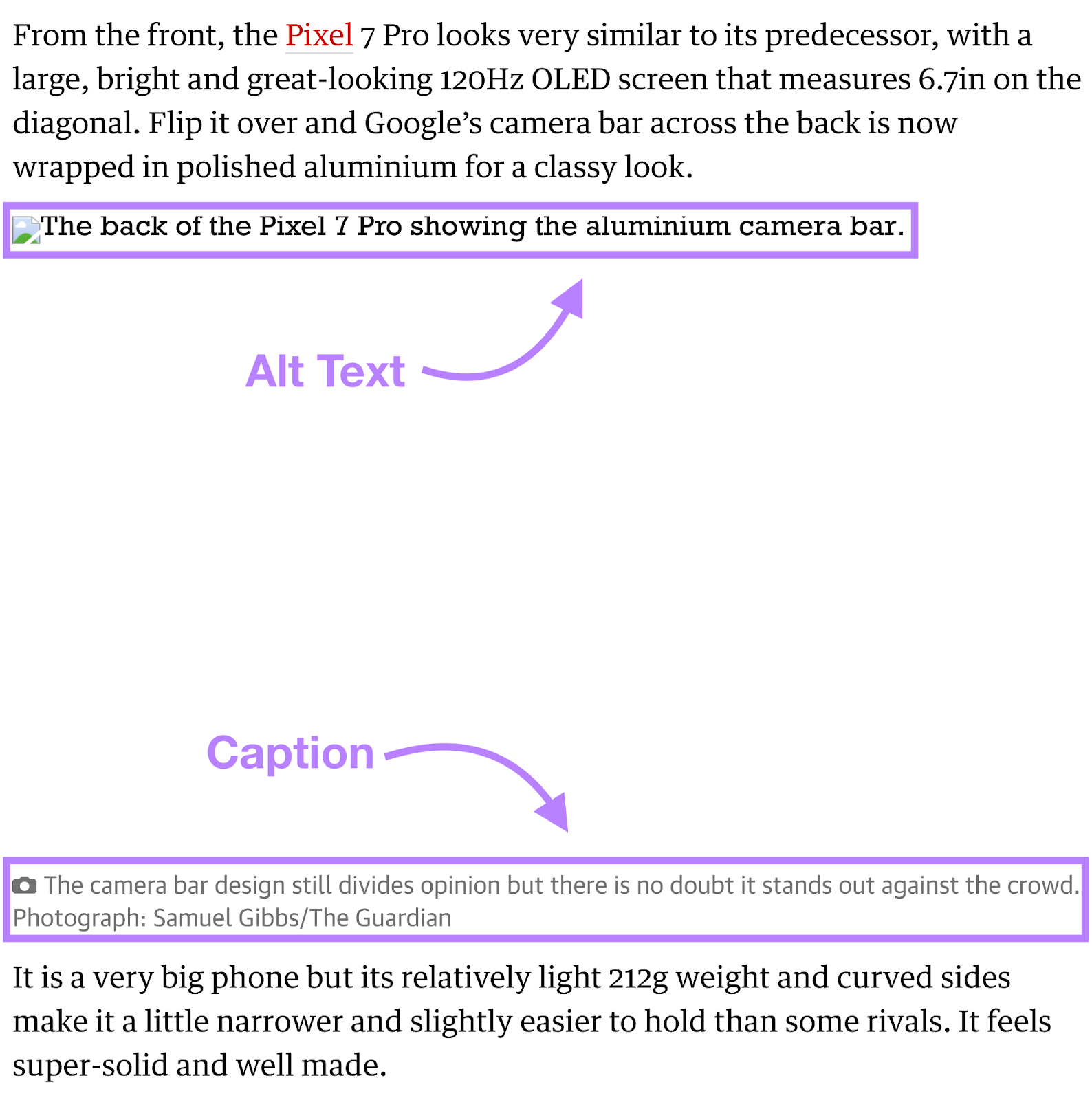 A section of an article about the Pixel 7 Pro. Alt text appears in place of the image, and a caption appears below.