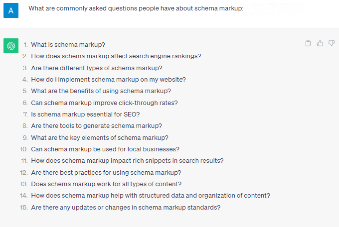A prompt asking ChatGPT what are FAQs people have about schema markup