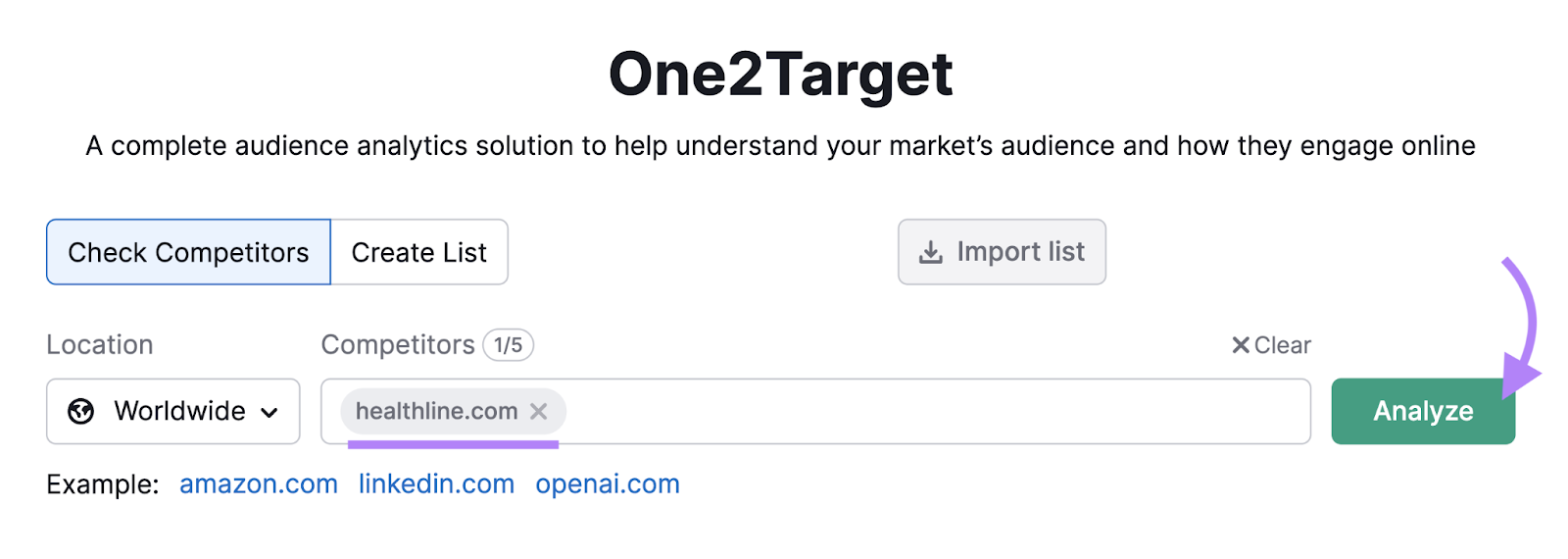 "healthline.com" entered into the One2Target tool search bar