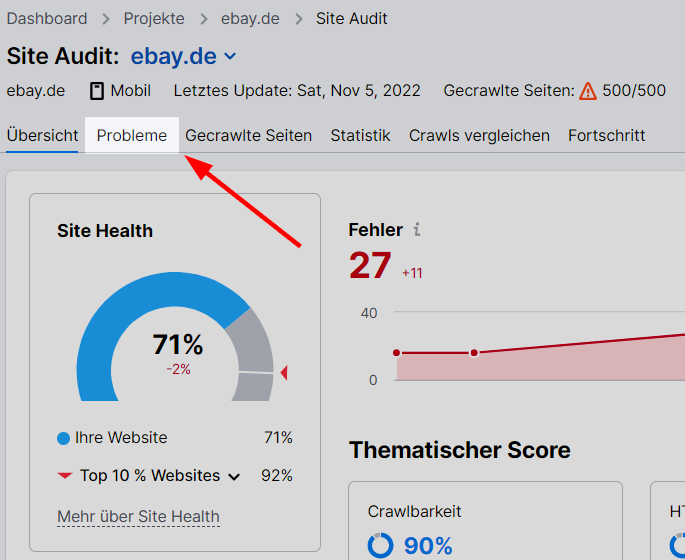 Site Audit: Übersicht und Registerkarte Probleme