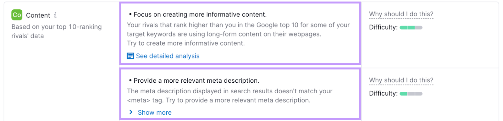 content ideas category showing two ideas, related to creating more informative content and providing more relevant meta descriptions