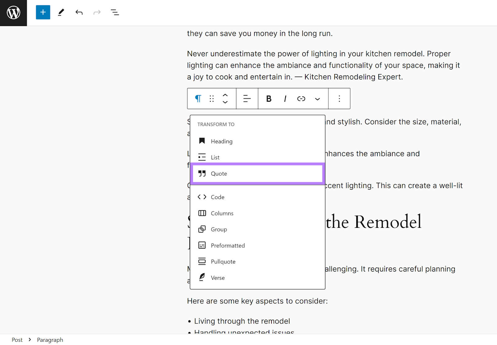 WordPress toolbar showing option to transform paragraph text to quote.