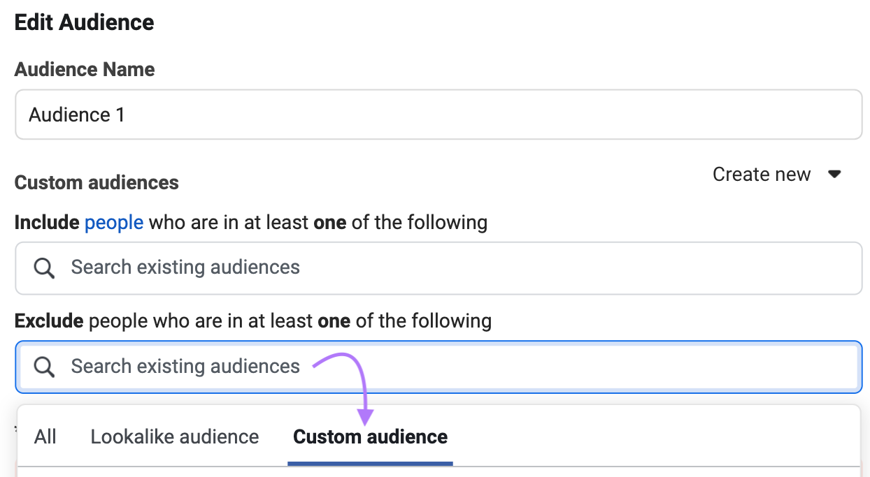 “Exclude people who are in at least one of the following” button highlighted in "Edit audience" section