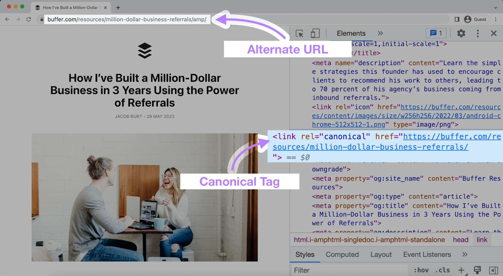 split surface  showing an nonfiction  and its HTML code, highlighting "Alternate URL" and "Canonical Tag" with arrows