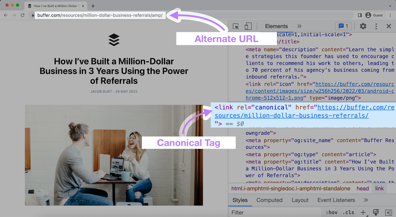 an image highlighting "alternate URL" and "Canonical Tag"