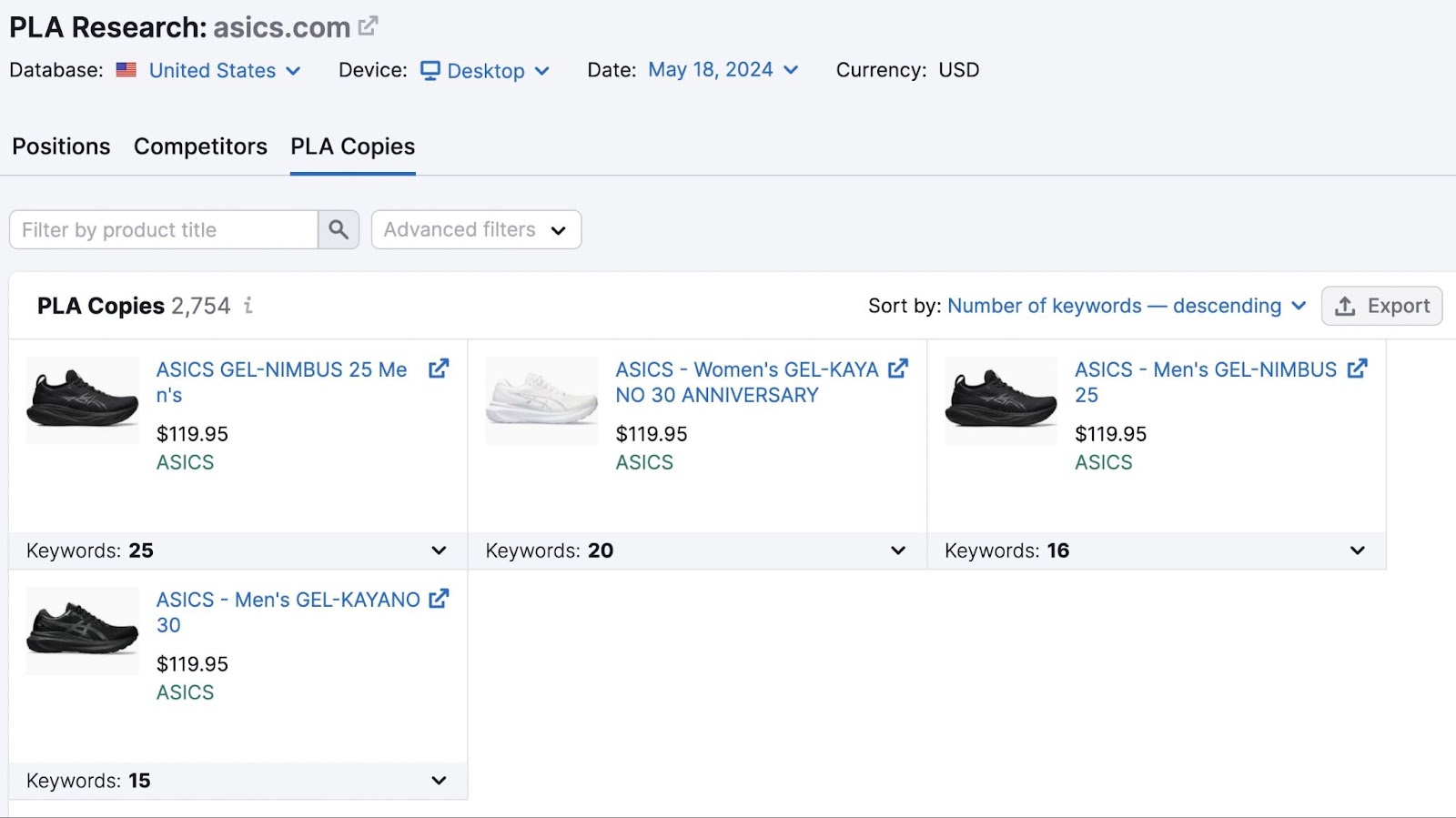 Semrush PLA research tool showing four PLA copies for asics.com alongside accompanying sneakers