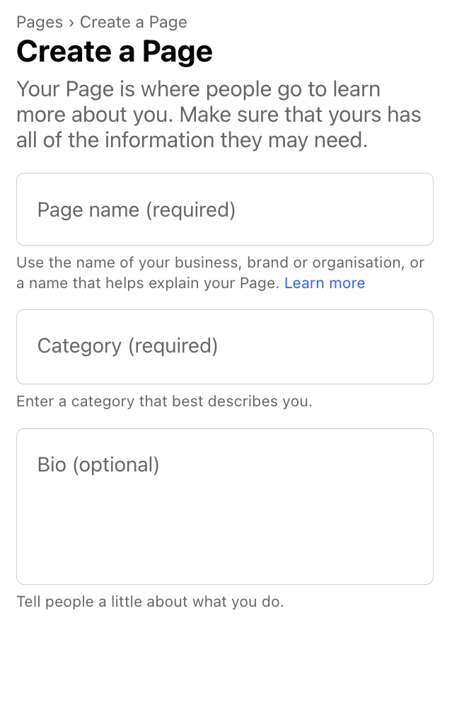 Fill in the "Create a Page" form in Meta Business Manager