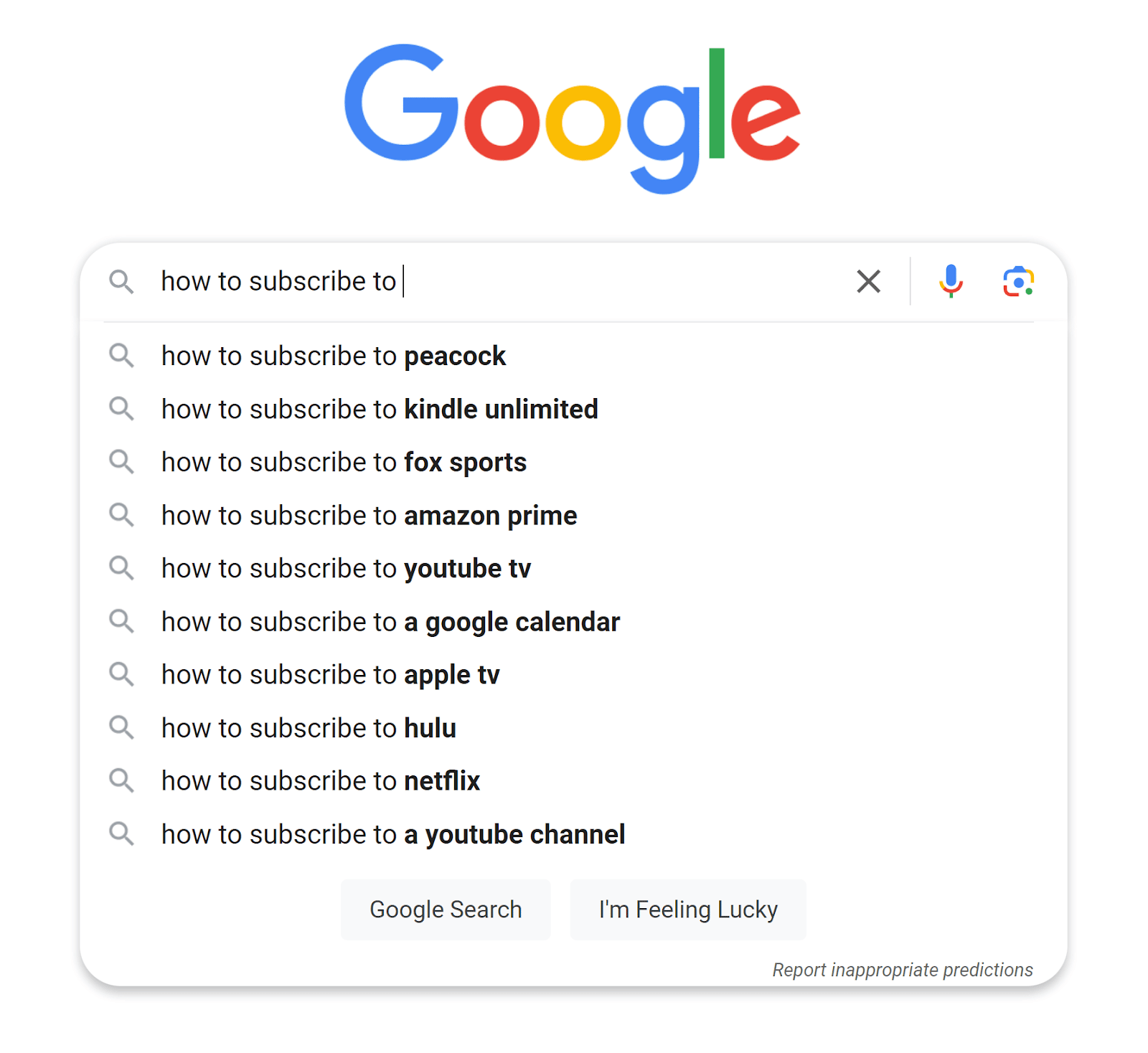 Google search bar with 'how to subscribe to' typed and autosuggest searches showing