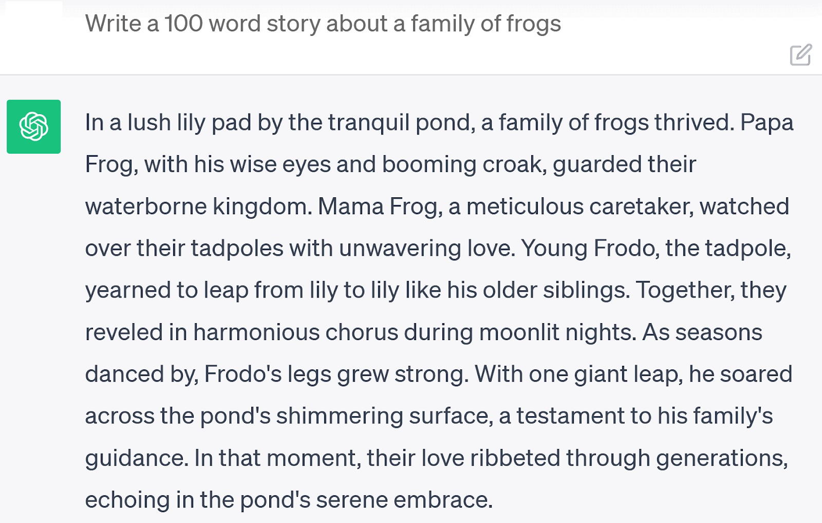 ChatGPT’s response to "Write a 100 word story about a family of frogs" prompt