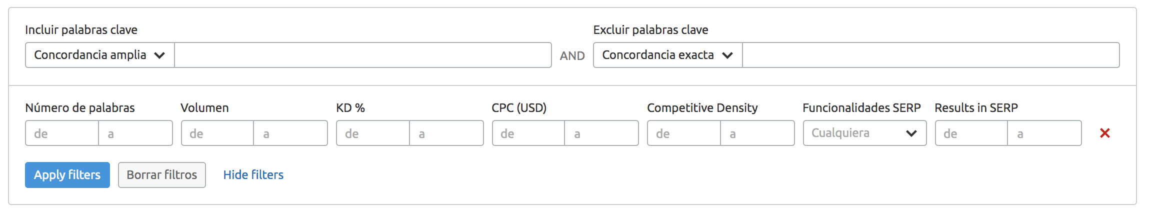 Análisis de keywords - Keyword Magic Tool filtros