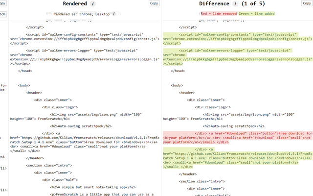 view rendered source chrome extension shows a side by side of the rendered code and the difference between the original code