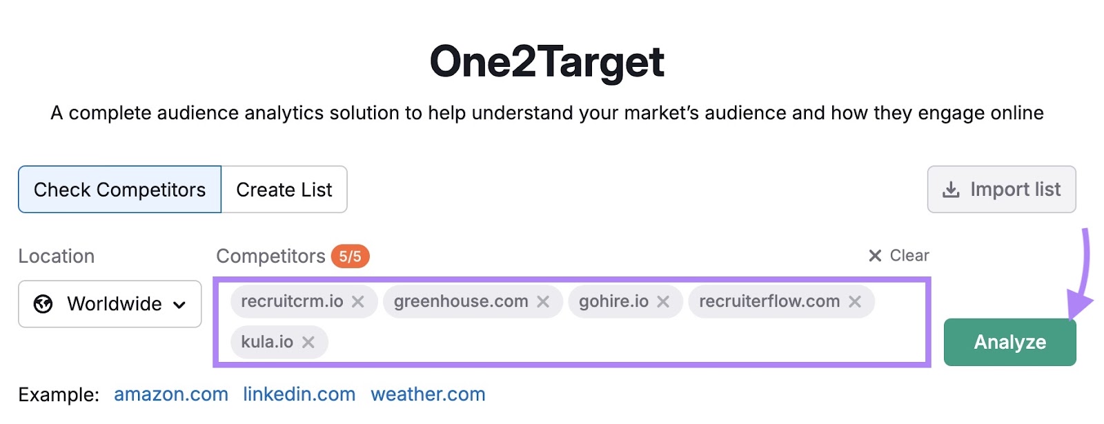 One2Target tool start with five competing domains entered and the "Analyze" button clicked.