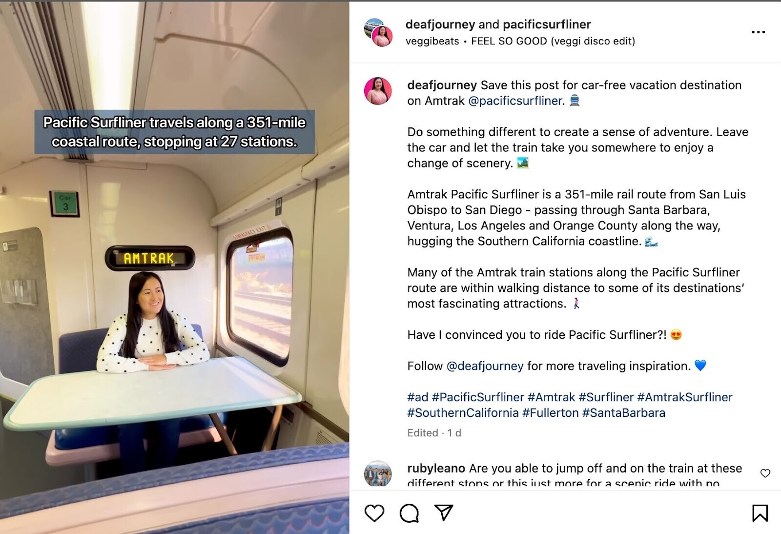 Instagram post by Amtrak featuring an influencer