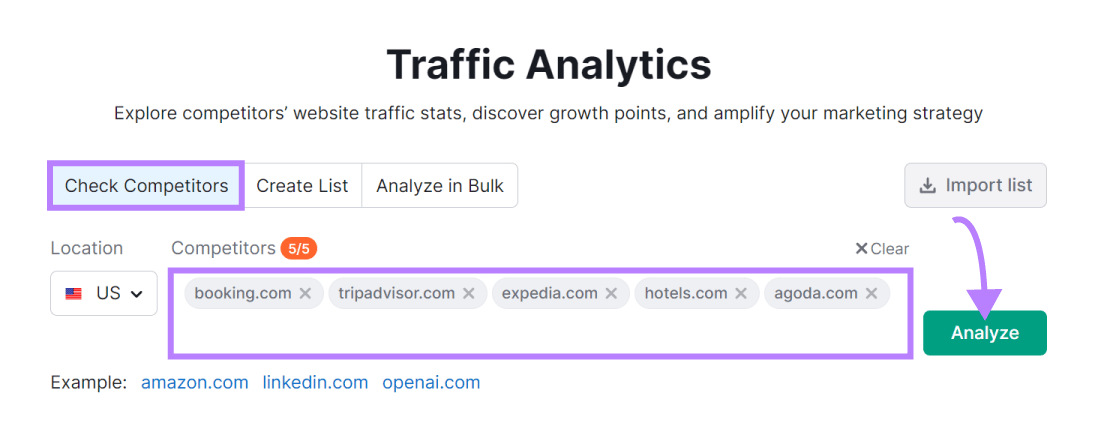 Entering "booking.com" and competitors' domains to Traffic Analytics tool