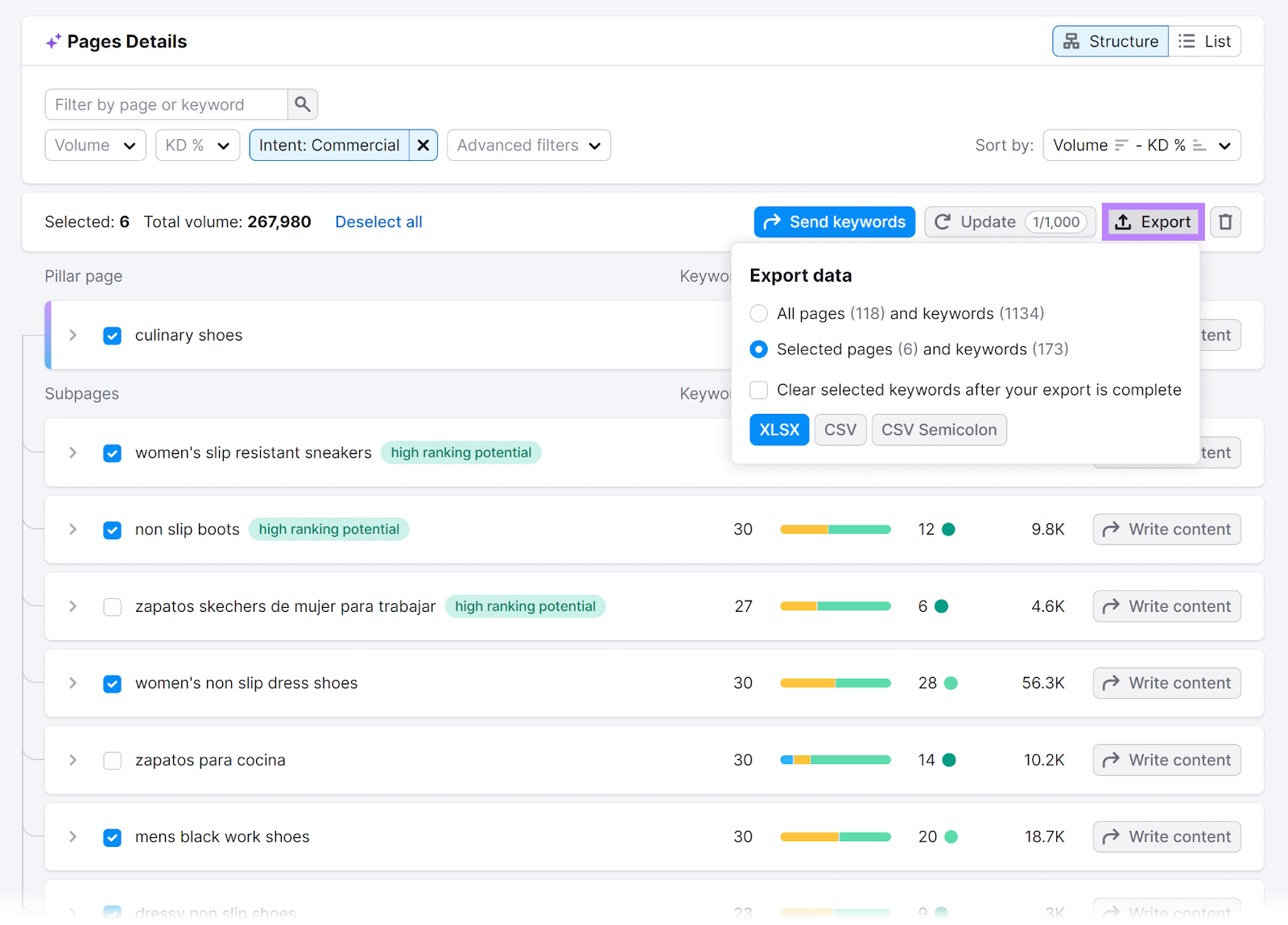 Export information  fastener  clicked to uncover  export options