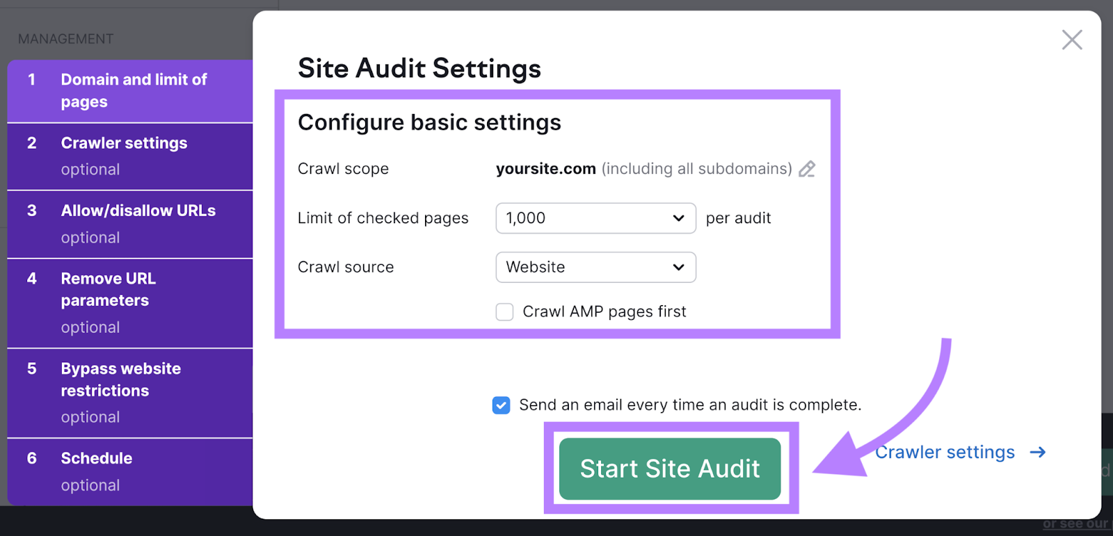 Site Audit Settings box