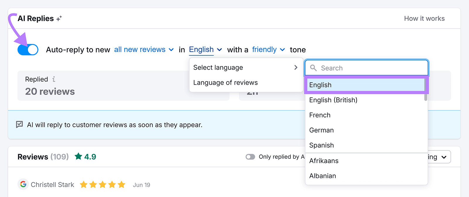 AI replies settings panel with auto-reply toggle turned on and language dropdown menu open
