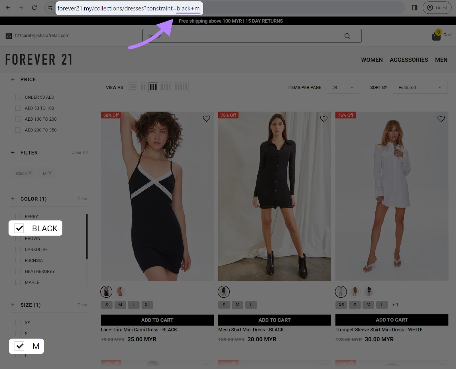 "Black," and "M" filters selected on a page with the url that reads: "forever21.my/collections/dresses?constraint=black+m"