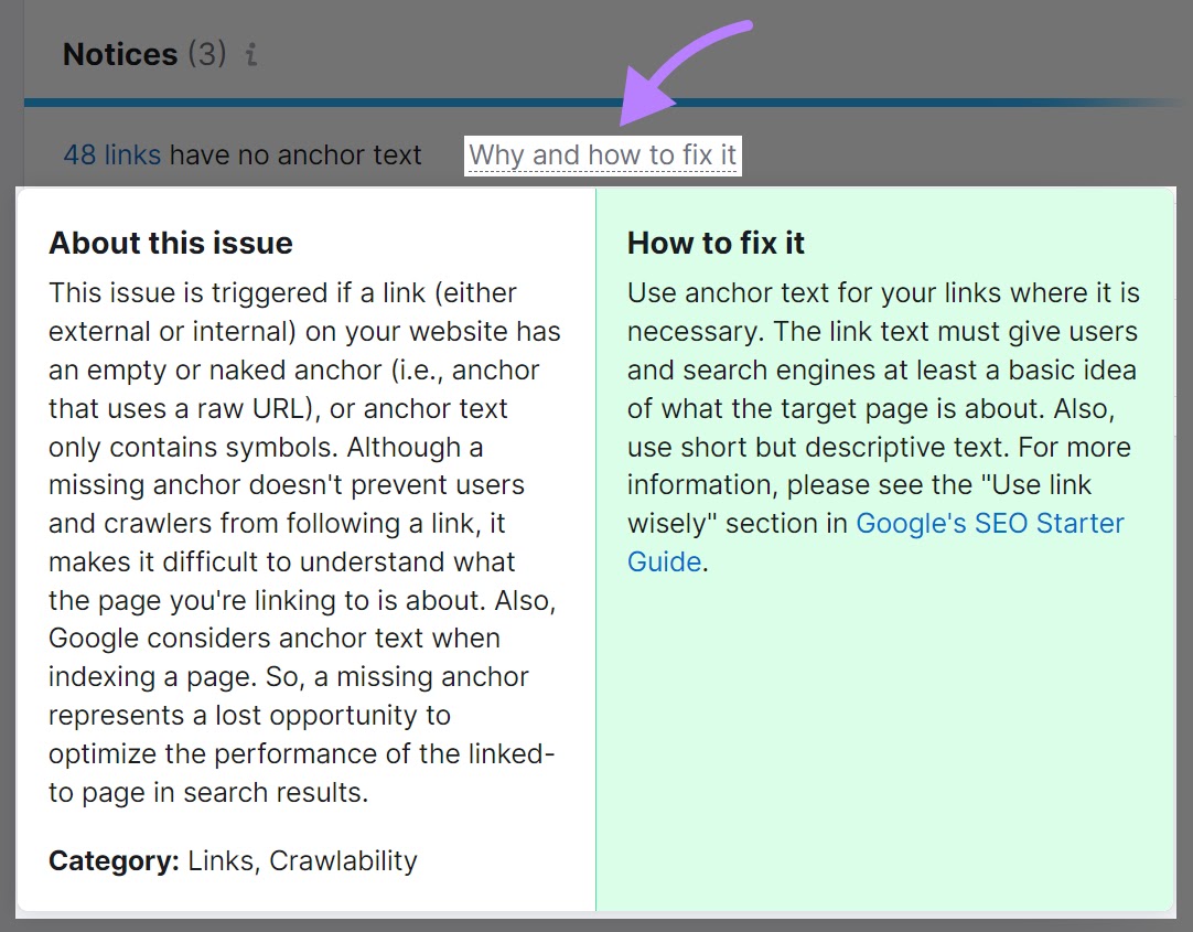 "Why and how to fix it" window in Site Audit tool