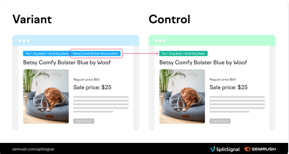 Variant and control version of a page for A/B testing