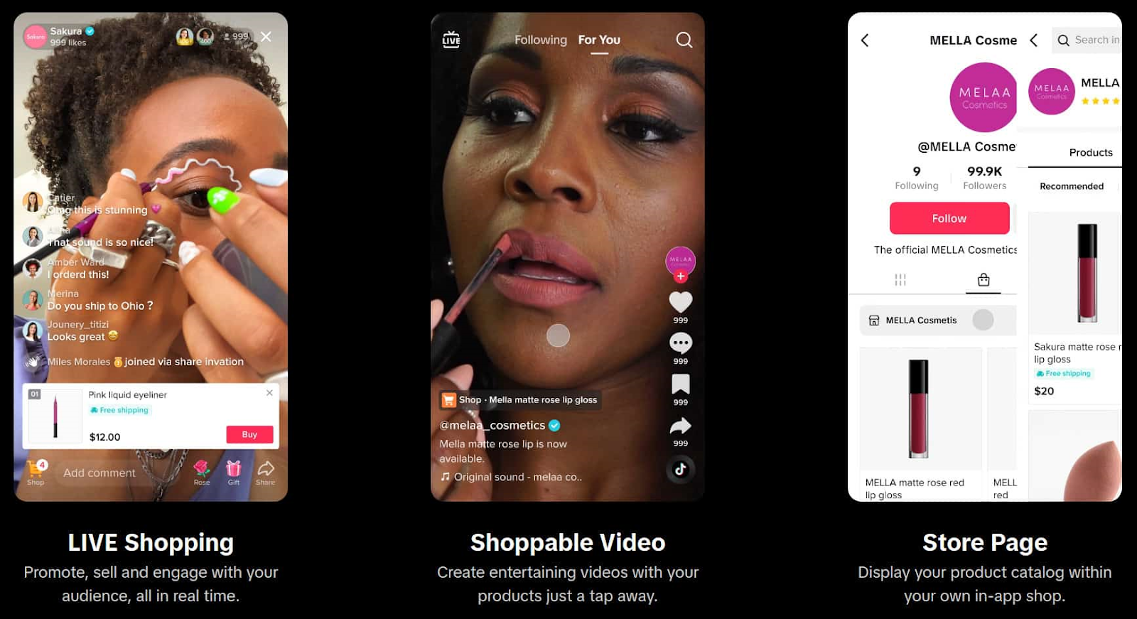 Examples of TikTok's LIVE shopping, shoppable video and store page