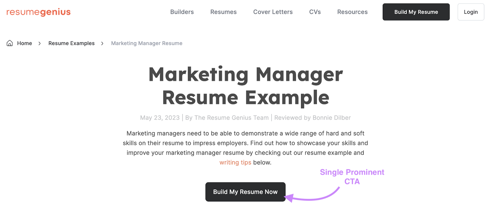 Resume Genius's "Build My Resume Now" CTA