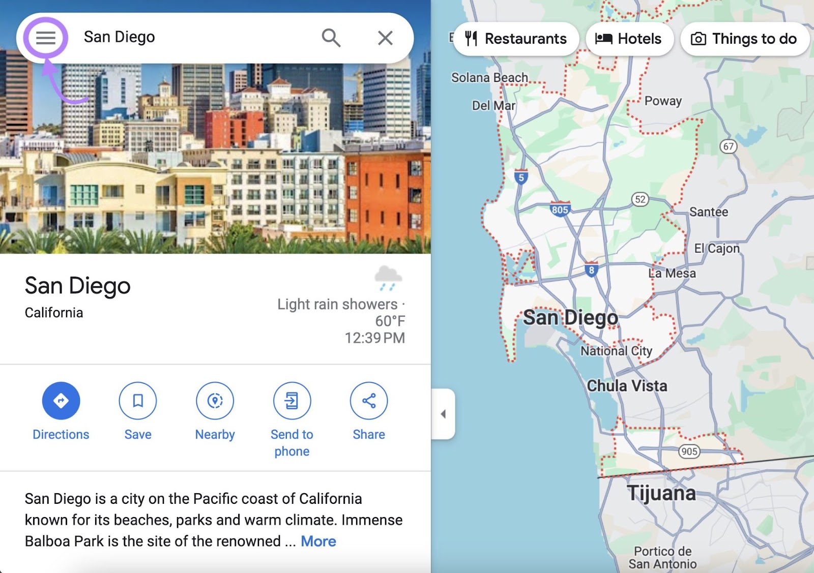 San Diego shown in Google Maps