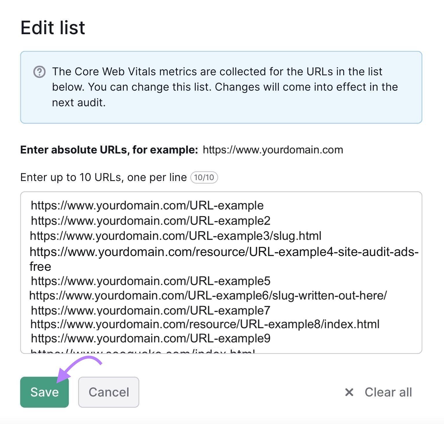 "Edit list" page