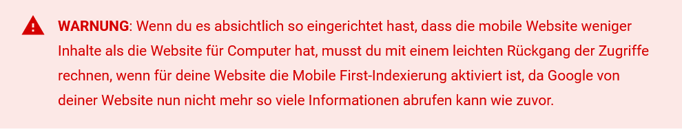 Warnung Mobile First Index