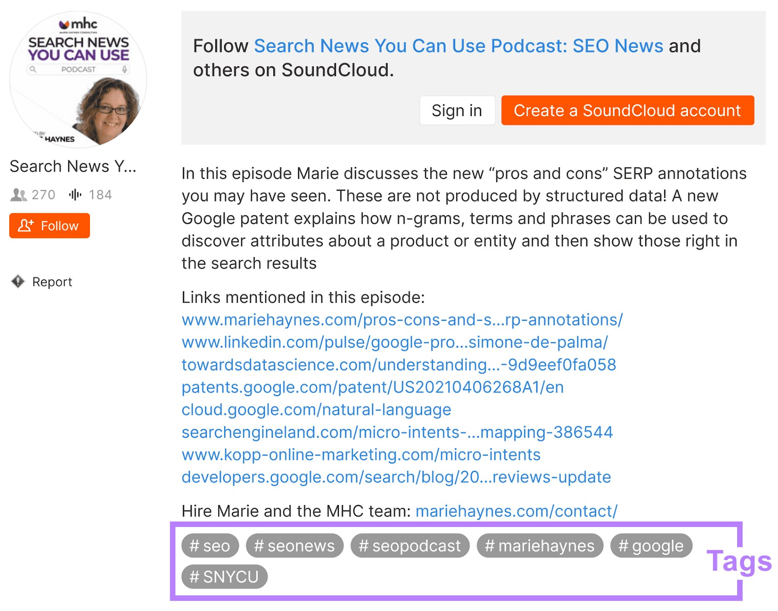 Tags section highlighted under Search News You Can Use Podcast