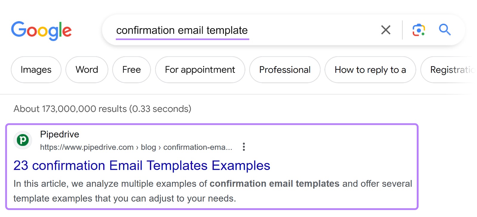Pipedrive's result on Google SERP for “confirmation email template” query