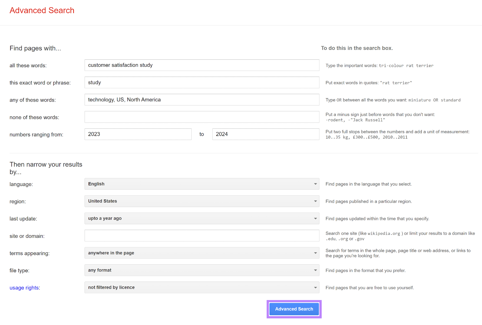 Google Advanced Search settings page with sample settings and 'Advanced Search' button highlighted