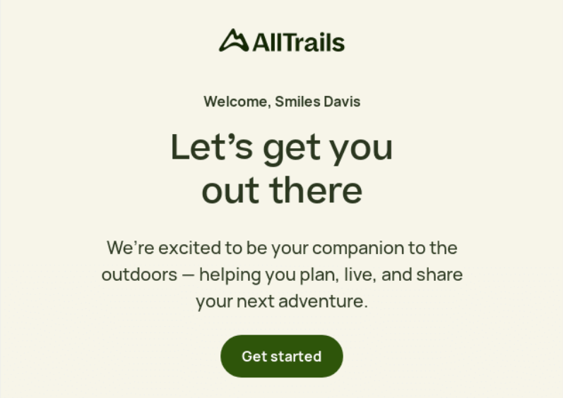 AllTrails's welcome email