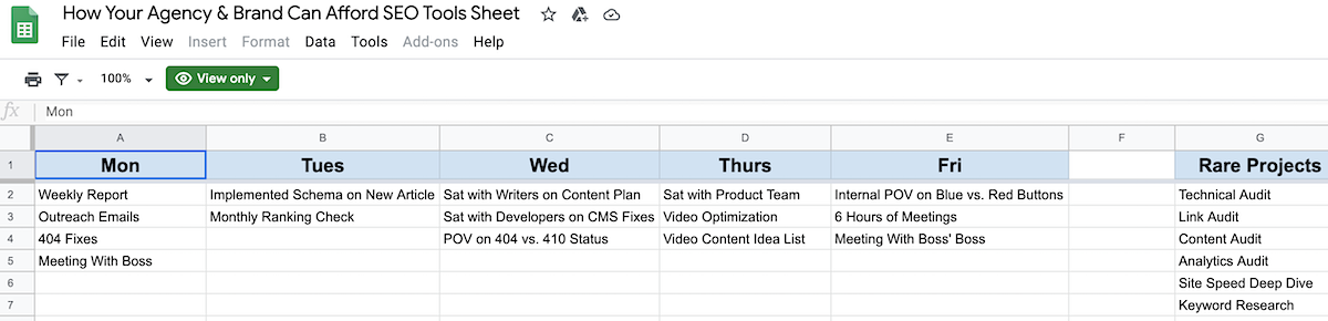 Example agency SEO tool spreadsheet