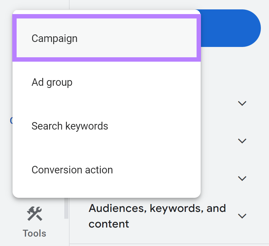 "Campaign" option selected from the drop-down menu