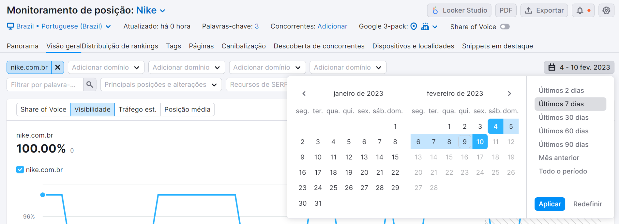 selecionando datas na ferramenta monitoramento de posição