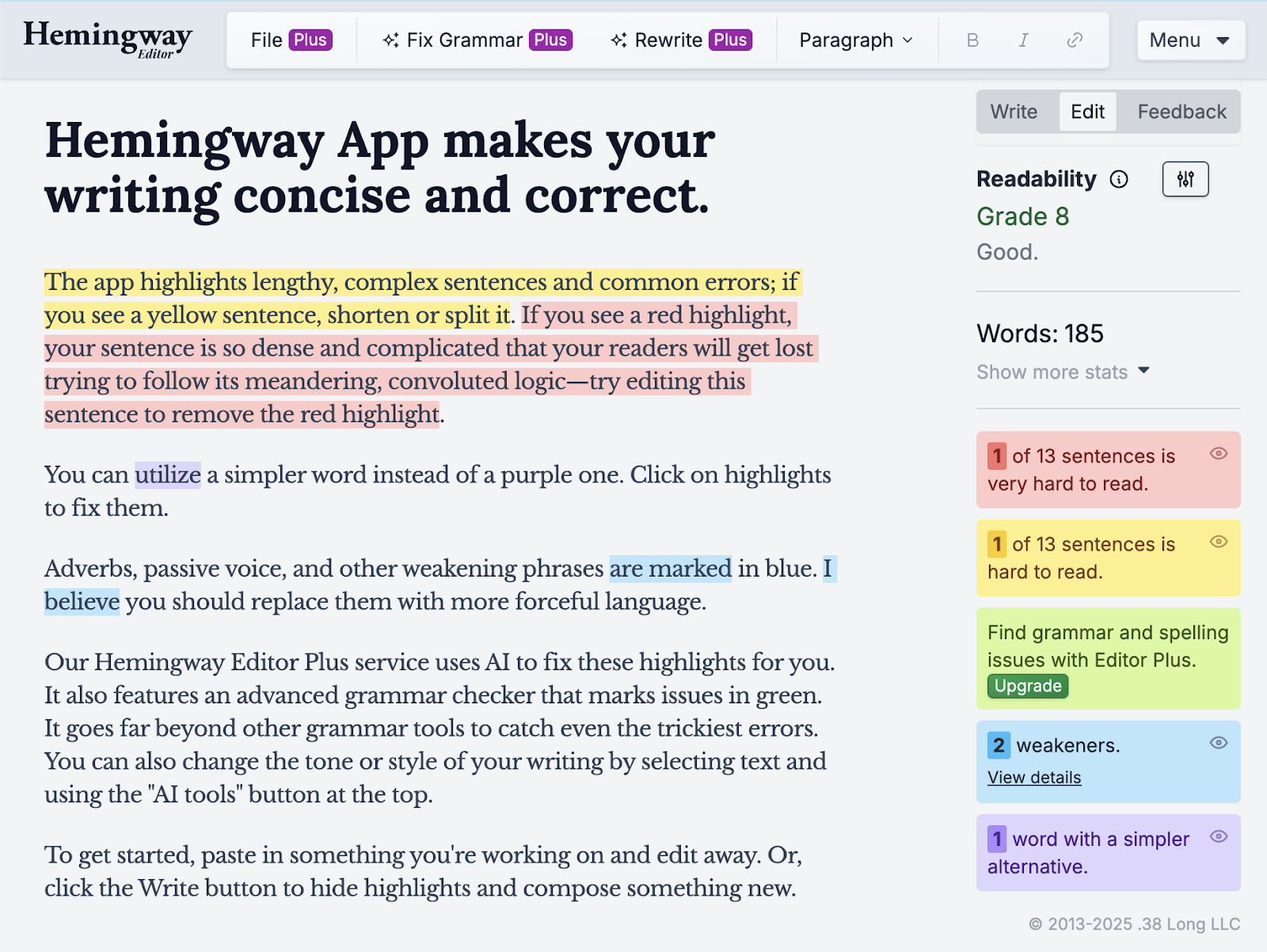 Hemingway Editor writing tool has text highlighted by color with suggestions to improve readability in the sidebar.