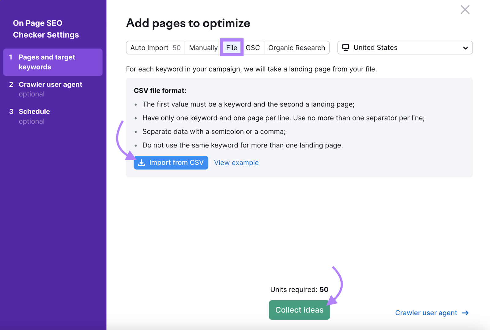 "Add pages to optimize" window in On Page SEO Checker tool settings