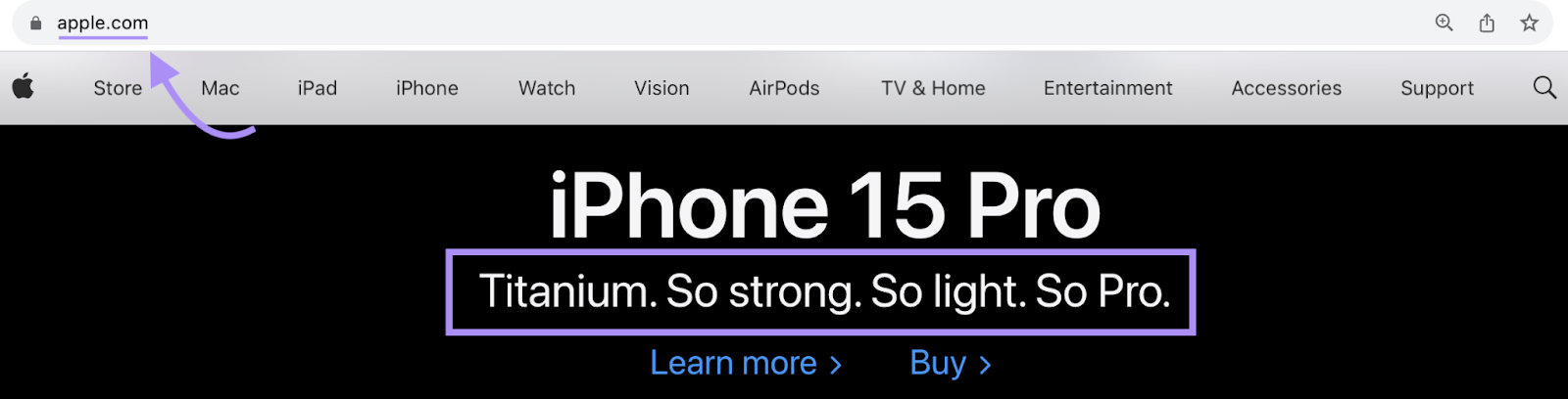 "iPhone 15 Pro. Titanium. So strong. So light. So Pro" headline on "apple.com"