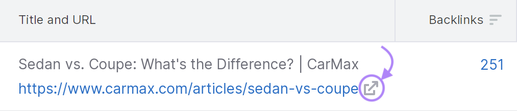 “external link” icon highlighted next to the “/articles/sedan-vs-coupe” page