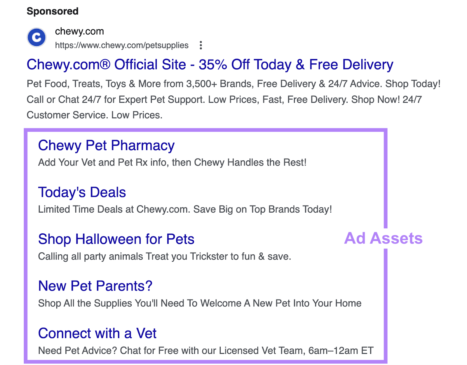 a sponsored text ad from chewy includes sitelinks indented under the listing including links to pages like chewy pet pharmacy, today's deals, shop halloween for pets, and more