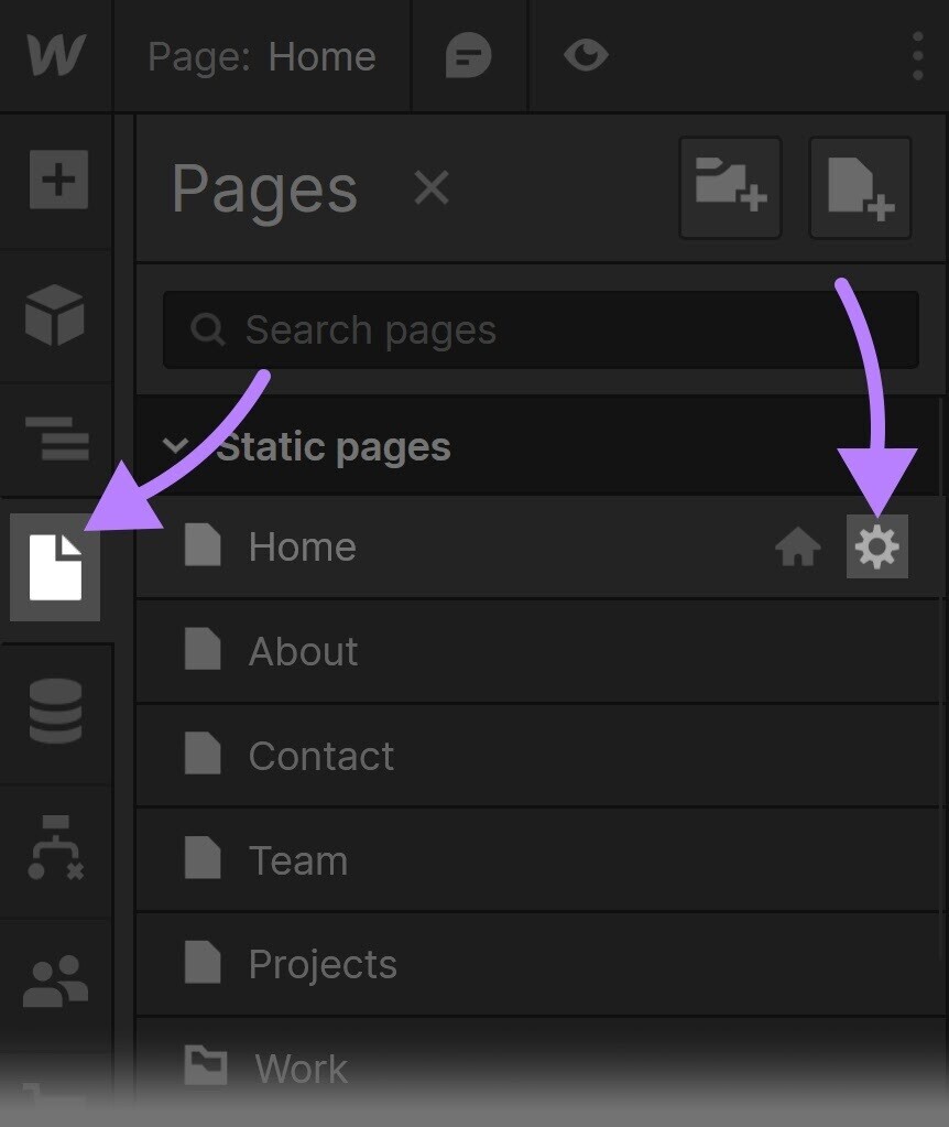 “Pages” icon highlighted on the left sidebar