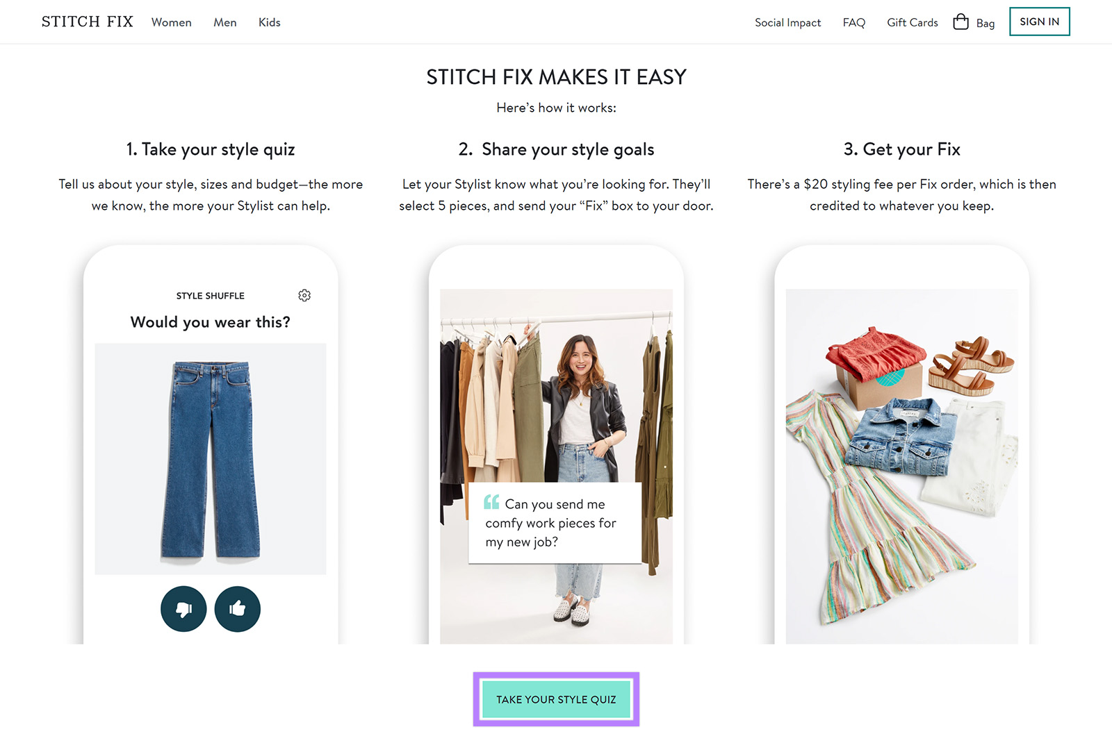 Stitch Fix website with Take Your Style Quiz button highlighted.